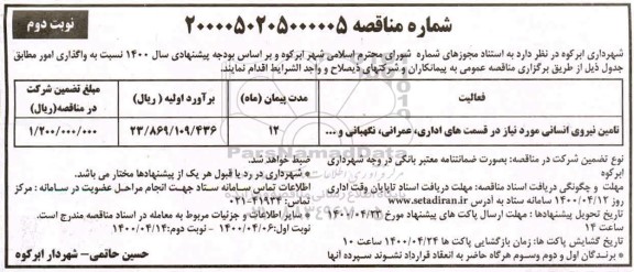 مناقصه،مناقصه تامین نیروی انسانی مورد نیاز در قسمت های اداری و...