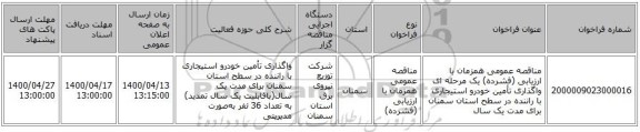 مناقصه عمومی همزمان با ارزیابی (فشرده) یک مرحله ای واگذاری تأمین خودرو استیجاری با راننده در سطح استان سمنان برای مدت یک سال 