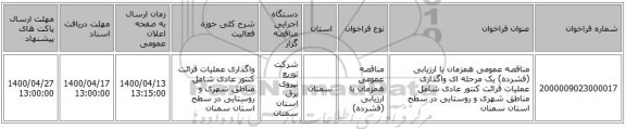 مناقصه عمومی همزمان با ارزیابی (فشرده) یک مرحله ای واگذاری عملیات قرائت کنتور عادی شامل مناطق شهری و روستایی در سطح استان سمنان