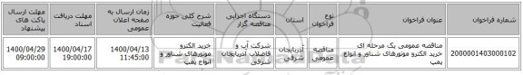 مناقصه عمومی یک مرحله ای خرید الکترو موتورهای شناور و انواع پمپ