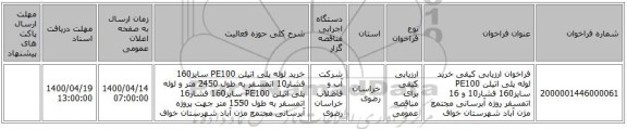 فراخوان ارزیابی کیفی خرید لوله پلی اتیلن PE100 سایز160 فشار10 و 16 اتمسفر روژه آبرسانی مجتمع مژن آباد شهرستان خواف 