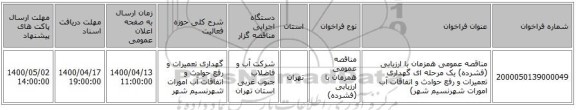 مناقصه عمومی همزمان با ارزیابی (فشرده) یک مرحله ای گهداری تعمیرات و رفع حوادث و اتفاقات آب امورات شهرنسیم شهر)