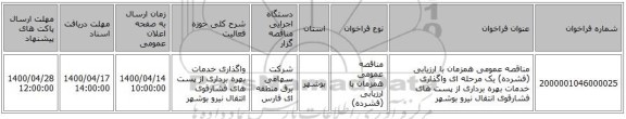 مناقصه عمومی همزمان با ارزیابی (فشرده) یک مرحله ای واگذاری خدمات بهره برداری از پست های فشارقوی انتقال نیرو بوشهر