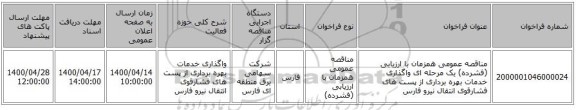 مناقصه عمومی همزمان با ارزیابی (فشرده) یک مرحله ای واگذاری خدمات بهره برداری از پست های فشارقوی انتقال نیرو فارس