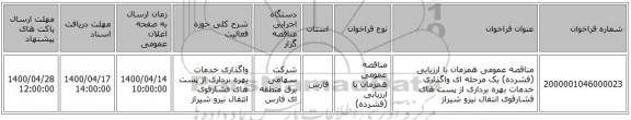 مناقصه عمومی همزمان با ارزیابی (فشرده) یک مرحله ای واگذاری خدمات بهره برداری از پست های فشارقوی انتقال نیرو شیراز