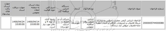 فراخوان ارزیابی کیفی عملیات اجرایی بخشی از شبکه فاضلاب و انشعابات خانگی و احداث تلمبه خانه فاضلاب صوفی آباد شادگان