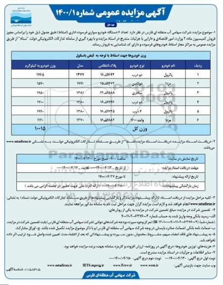 مزایده تعداد 6 دستگاه خودرو سواری فرسوده اداری (اسقاط)
