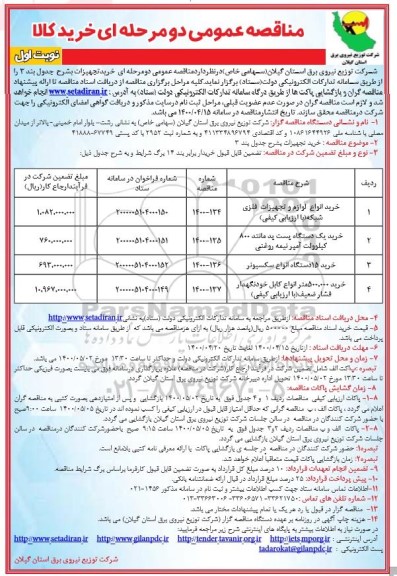 مناقصه، مناقصه خرید انواع لوازم و تجهیزات فلزی شبکه ...