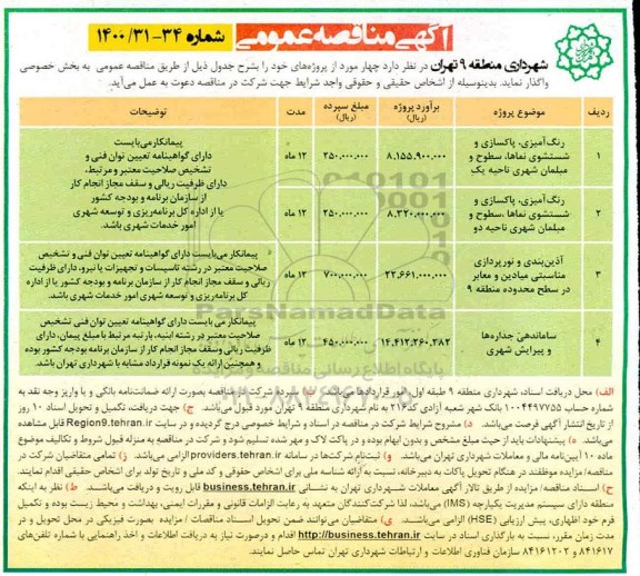 مناقصه، مناقصه رنگ آمیزی، پاکسازی و شستشوی نماها، سطوح و مبلمان شهری ... 