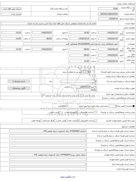 اجاره یک باب واحدتجاری وعمومی شرکت ملی فولاد ایران برای آدرس مندرج دراسناد مزایده