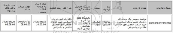 مناقصه عمومی یک مرحله ای واگذاری تامین نیروی انسانی و خرید خدمت حجمی امور خدماتی نظافتی و پشتیبانی