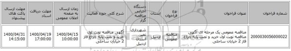 مناقصه عمومی یک مرحله ای آگهی مناقصه نوبت اول خرید و نصب پایه چراغ فاز 2 خیابان ساحلی 