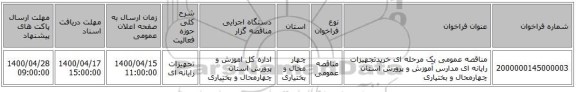 مناقصه عمومی یک مرحله ای خریدتجهیزات رایانه ای مدارس آموزش و پرورش استان چهارمحال و بختیاری 