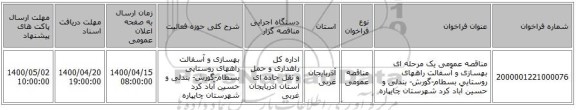 مناقصه عمومی یک مرحله ای بهسازی و آسفالت راههای روستایی بسطام-گورش- بندلی و حسین آباد کرد شهرستان چایپاره
