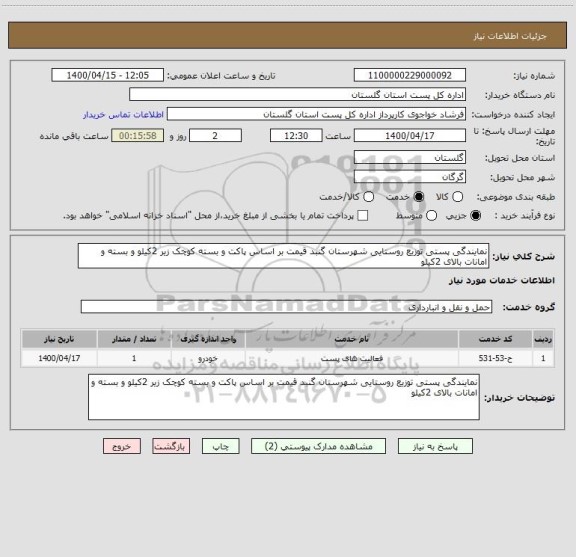 استعلام نمایندگی پستی توزیع روستایی شهرستان گنبد قیمت بر اساس پاکت و بسته کوچک زیر 2کیلو و بسته و امانات بالای 2کیلو 
