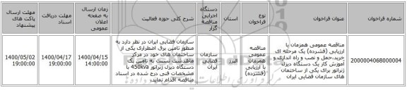 مناقصه عمومی همزمان با ارزیابی (فشرده) یک مرحله ای خرید،‌حمل و نصب و راه اندازی و آموزش کار یک دستگاه دیزل ژنراتور برای یکی از ساختمان های سازمان فضایی ایران