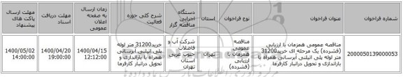 مناقصه عمومی همزمان با ارزیابی (فشرده) یک مرحله ای خرید31200 متر لوله پلی اتیلنی آبرسانی  همراه با باراندازی و تحویل درانبار کارفرما 