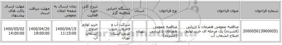 مناقصه عمومی همزمان با ارزیابی (فشرده) یک مرحله ای خرید لوازم اصلاح انشعاب آب