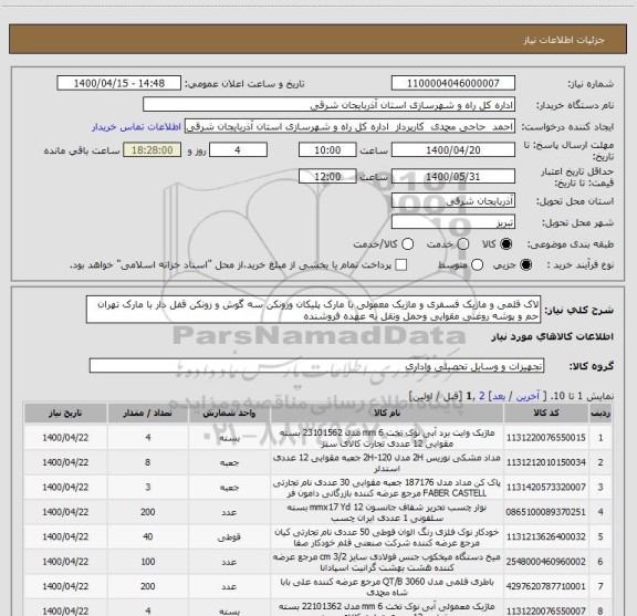 استعلام لاک قلمی و ماژیک فسفری و ماژیک معمولی با مارک پلیکان وزونکن سه گوش و زونکن قفل دار با مارک تهران حم و پوشه روغنی مقوایی وحمل ونقل به عهده فروشنده