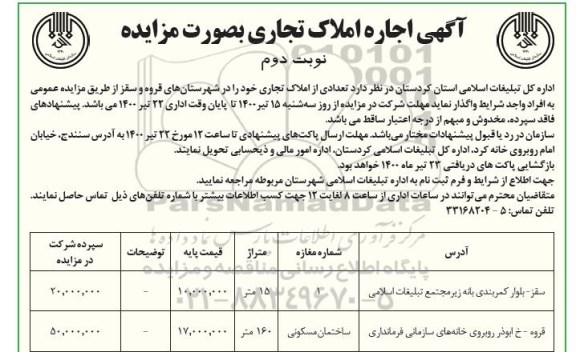 مزایده اجاره املاک تجاری - نوبت دوم