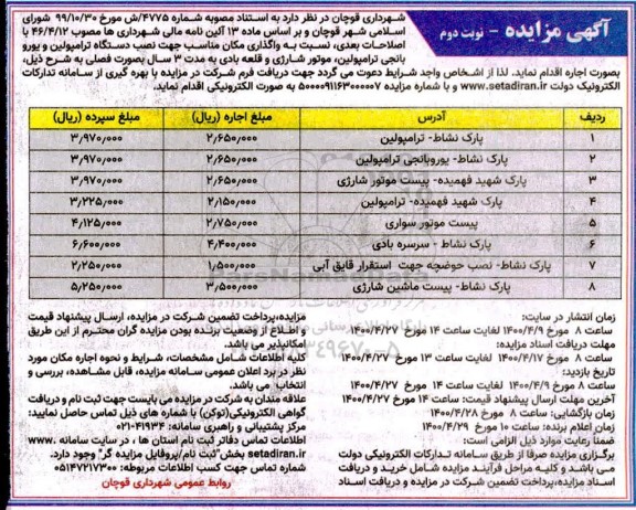 مزایده، مزایده واگذاری مکان مناسب جهت نصب دستگاه ترامپولین ... - نوبت دوم