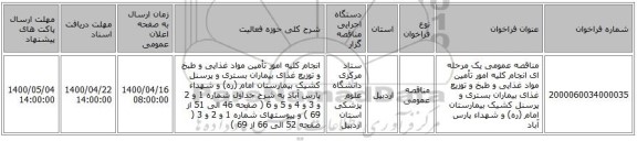 مناقصه عمومی یک مرحله ای انجام کلیه امور تأمین مواد غذایی و طبخ و توزیع غذای  بیماران بستری و پرسنل کشیک بیمارستان امام (ره) و شهداء پارس آباد 