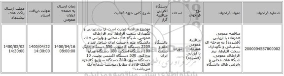 مناقصه عمومی همزمان با ارزیابی (فشرده) دو مرحله ای پشتیبانی و نگهداری سخت افزارها، نرم افزارهای عمومی، شبکه های محلی و وایرلس های دانشگاه