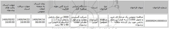 مناقصه عمومی یک مرحله ای خرید و تحویل 3،000 (سه هزار) تن نمک بادامی مورد نیاز کارخانه طلای زرشوران