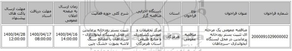 مناقصه عمومی یک مرحله ای تثبیت بستر رودخانه پرعابدین در محل ایستگاه آبخوانداری -سرچاهان 