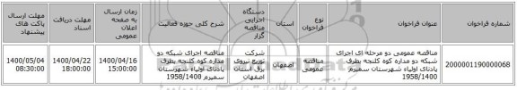 مناقصه عمومی دو مرحله ای اجرای شبکه دو مداره کوه کلنجه بطرف پادنای اولیاء شهرستان سمیرم 1958/1400