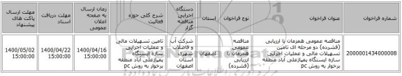 مناقصه عمومی همزمان با ارزیابی (فشرده) دو مرحله ای تامین تسهیلات مالی و عملیات اجرایی سازه ایستگاه پمپاژعلی آباد منطقه برخوار به روش pc