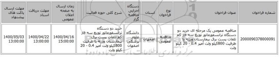 مناقصه عمومی یک مرحله ای خرید دو دستگاه ترانسفورماتور توزیع سه فاز کم تلفات پست برق بیمارستان ورزنه با ظرفیت 800کیلو ولت آمپر 0.4 - 20 کیلو ولت