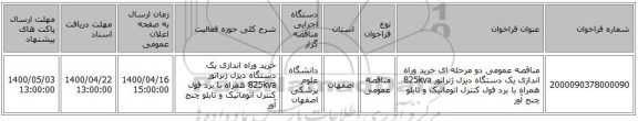 مناقصه عمومی دو مرحله ای خرید وراه اندازی یک دستگاه دیزل ژنراتور 825kva همراه با برد فول کنترل اتوماتیک و تابلو چنج آور