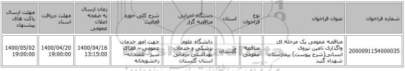 مناقصه عمومی یک مرحله ای واگذاری  تامین نیروی  انسانی(شرح پیوست)  بیمارستان  شهداء گنبد