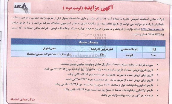 مزایده، مزایده فروش کلوخه - نوبت دوم 