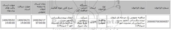 مناقصه عمومی یک مرحله ای انتقال نیرو و برقرسانی (تجهیز پست ساختمانی)در محدوده امور 7 شیراز114 