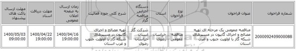 مناقصه عمومی یک مرحله ای تهیه مصالح و اجرای گابیون در مسیرهای شبکه گاز با اولویت جنوب و غرب استان