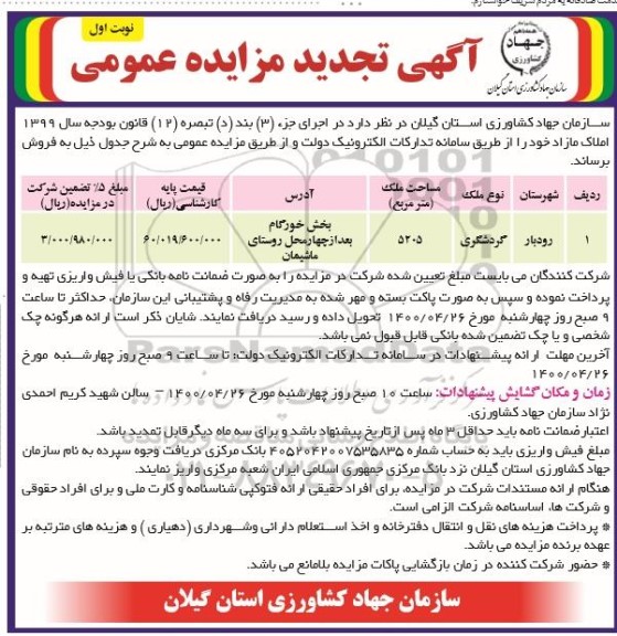 مزایده مزایده فروش املاک مازاد کاربری گردشگری نوبت اول 