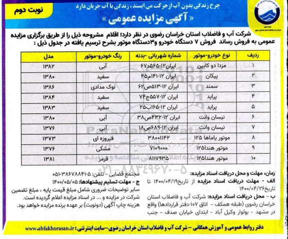 مزایده فروش 7 دستگاه خودرو و 3 دستگاه موتور - نوبت دوم