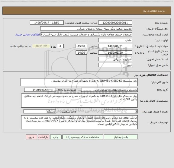 استعلام روتر سیسکو ISR4451-X-SEC-K9 به همراه تجهیزات مندرج در جدول پیوستی
