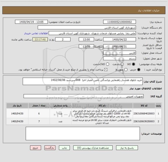 استعلام خرید تابلوی هشدار راهنمایی ورانندگی تامین اعتبار اخزا  908سررسید 1402/06/06