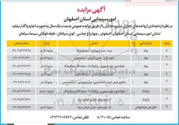 مزایده , مزایده بوفه ، پارکینگ و اطاق های طبقه فوقانی 