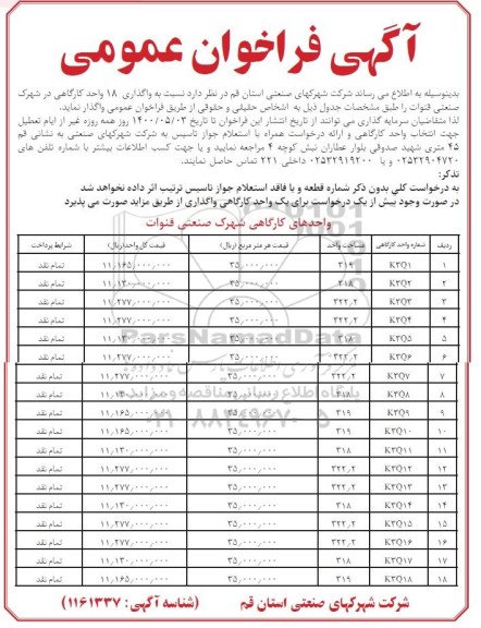 فراخوان عمومی، فراخوان عمومی واگذاری 18 واحد کارگاهی 