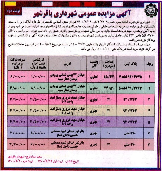 مزایده اجاره املاک - نوبت دوم