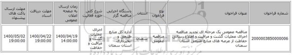 مناقصه عمومی یک مرحله ای تجدید مناقصه اجرای عملیات گشت و مراقبت و اطلاع رسانی حفاظت از عرصه های منابع طبیعی استان سمنان
