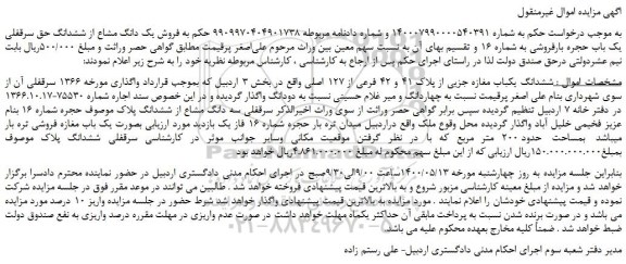 مزایده،مزایده  فروش یک دانگ مشاع از ششدانگ حق سرقفلی یک باب حجره بارفروشی