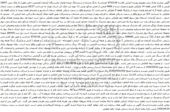 آگهی مزایده سه دانگ مشاع از ششدانگ عرصه واعیان یکدستگاه آپارتمان