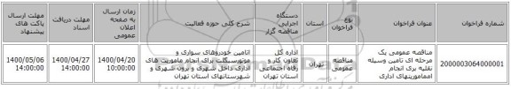 مناقصه عمومی یک مرحله ای تامین وسیله نقلیه بری انجام امماموریتهای  اداری 