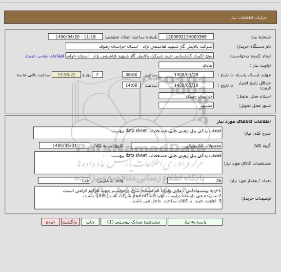 استعلام قطعات یدکی پنل ایمنی طبق مشخصات data sheet پیوست