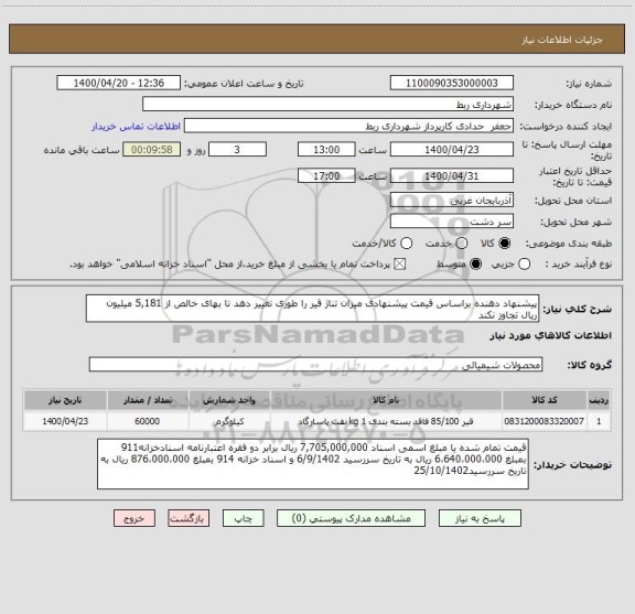 استعلام پیشنهاد دهنده براساس قیمت پیشنهادی میزان تناژ قیر را طوری تغییر دهد تا بهای خالص از 5,181 میلیون ریال تجاوز نکند